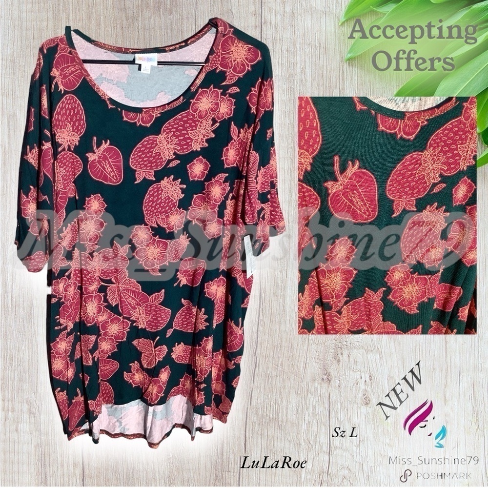 LuLaRoe NEW - Sz L - high low tunic - dark green & pink red strawberries